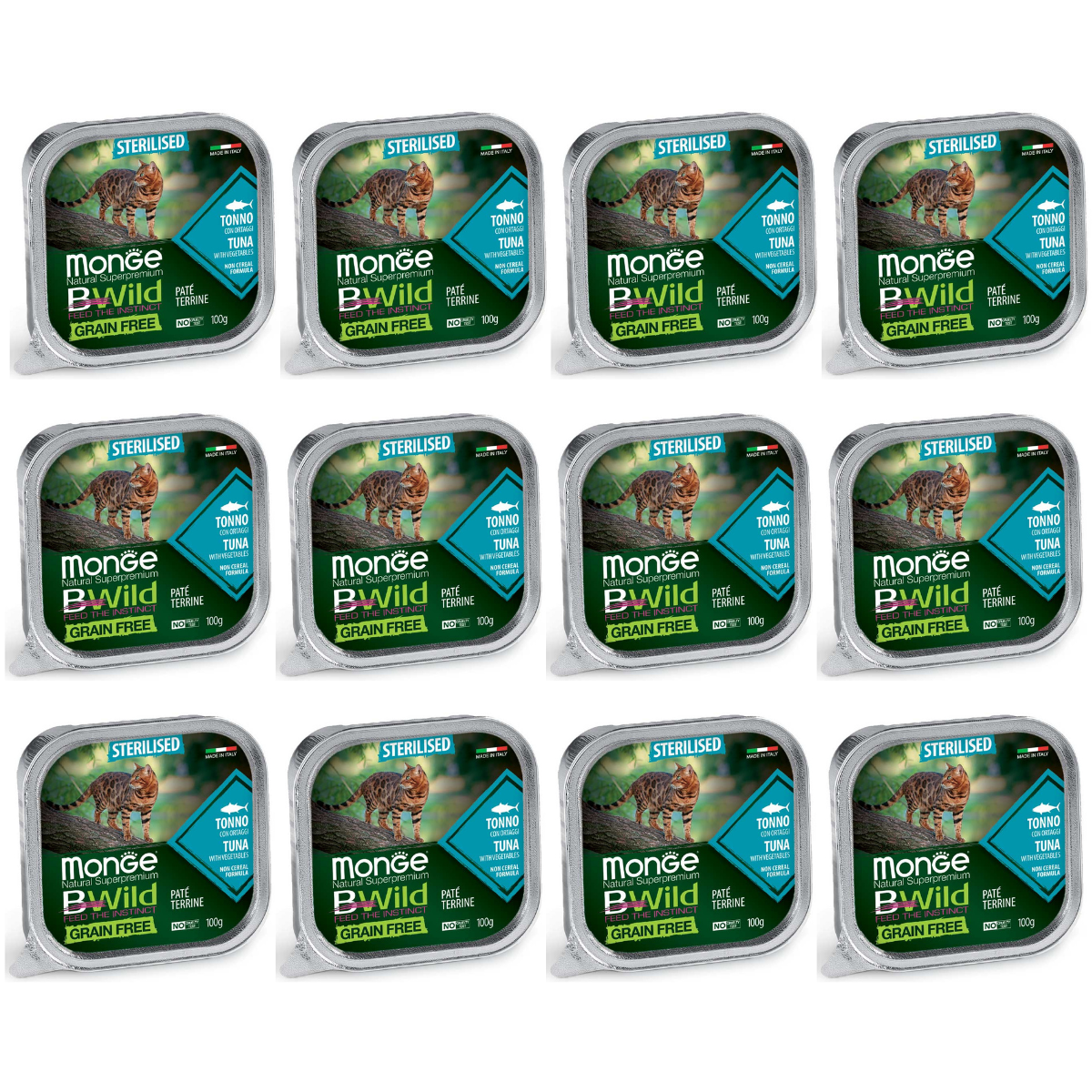 MONGE Natural BWild Sterilized Cat, cu Ton, Set Conserve Hrana Umeda Pentru Pisici Sterilizate (pateu fin), 12x100g