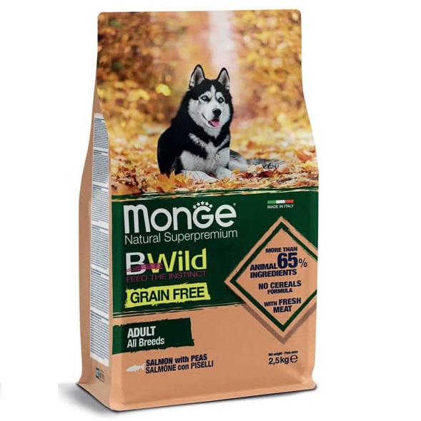 MONGE BWild Grain Free Adult All Breeds, cu Somon, Hrana Uscata Fara Cereale Pentru Caini, 2.5kg