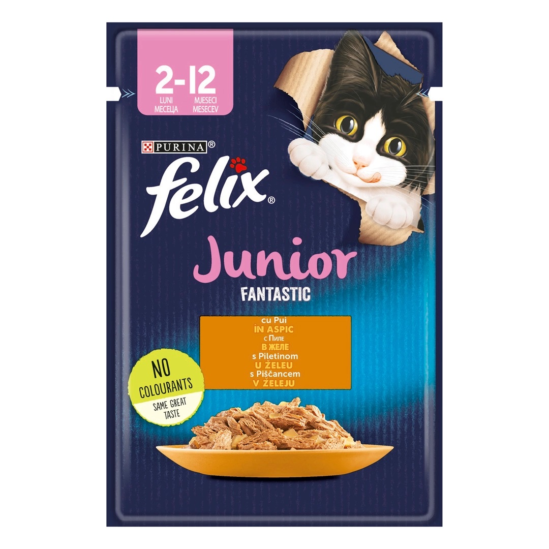 FELIX Fantastic Kitten, cu Pui in Aspic, Plic Hrana Umeda Pentru Pisici Junioare, 85g