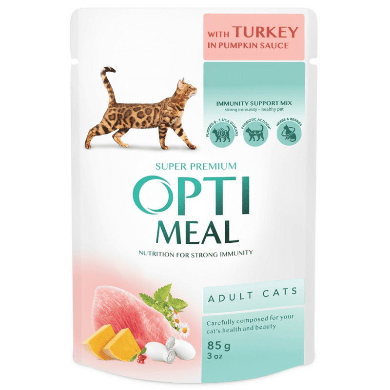 OPTIMEAL Cat Adult cu Curcan si Dovleac 85 g | Hrană Umedă Super-Premium pentru Pisici Adulte