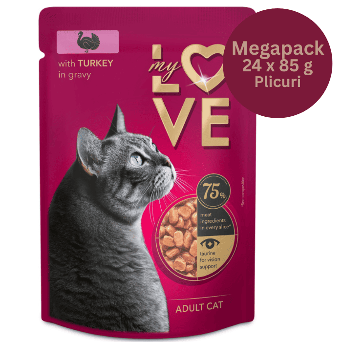 MY LOVE CAT Megapack Hrană Umedă pentru Pisici Adulte cu Curcan, 24x85 g | Bucătele în Sos