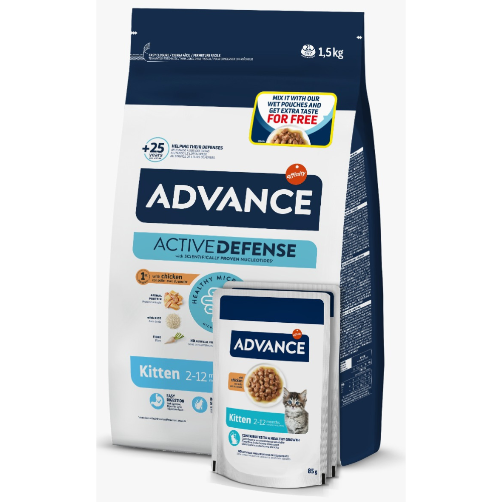 Promo ADVANCE Kitten cu Pui 1.5 kg - Hrană Uscată pentru Pisici Junioare, + 2 Plicuri Hrană Umedă Advance Kitten 85 g Gratis.