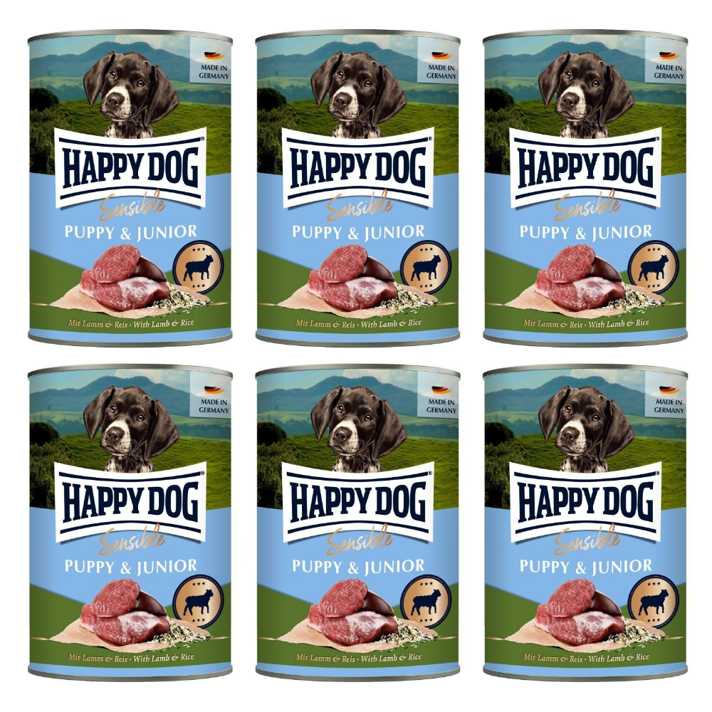 HAPPY DOG Sensible Puppy & Junior, cu Miel si Orez – Set Conserve Hrană Umedă fără Gluten pentru Căței și Câini Tineri, de la 8 Săptămâni, 6x200 g