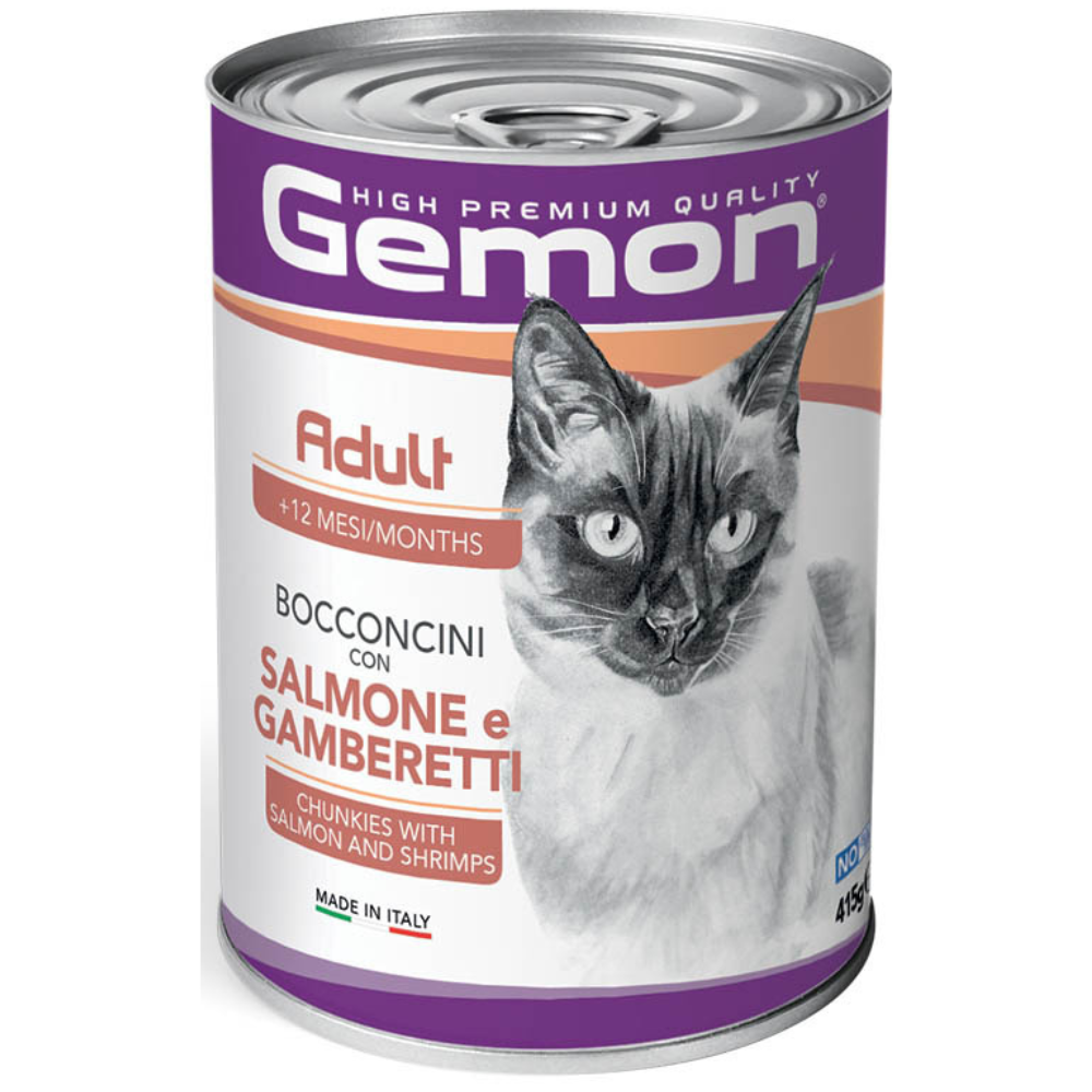 GEMON Cat Adult cu Somon si Creveti – Conserva Hrană Umedă pentru Pisici Adulte (bucatele in sos), 415g