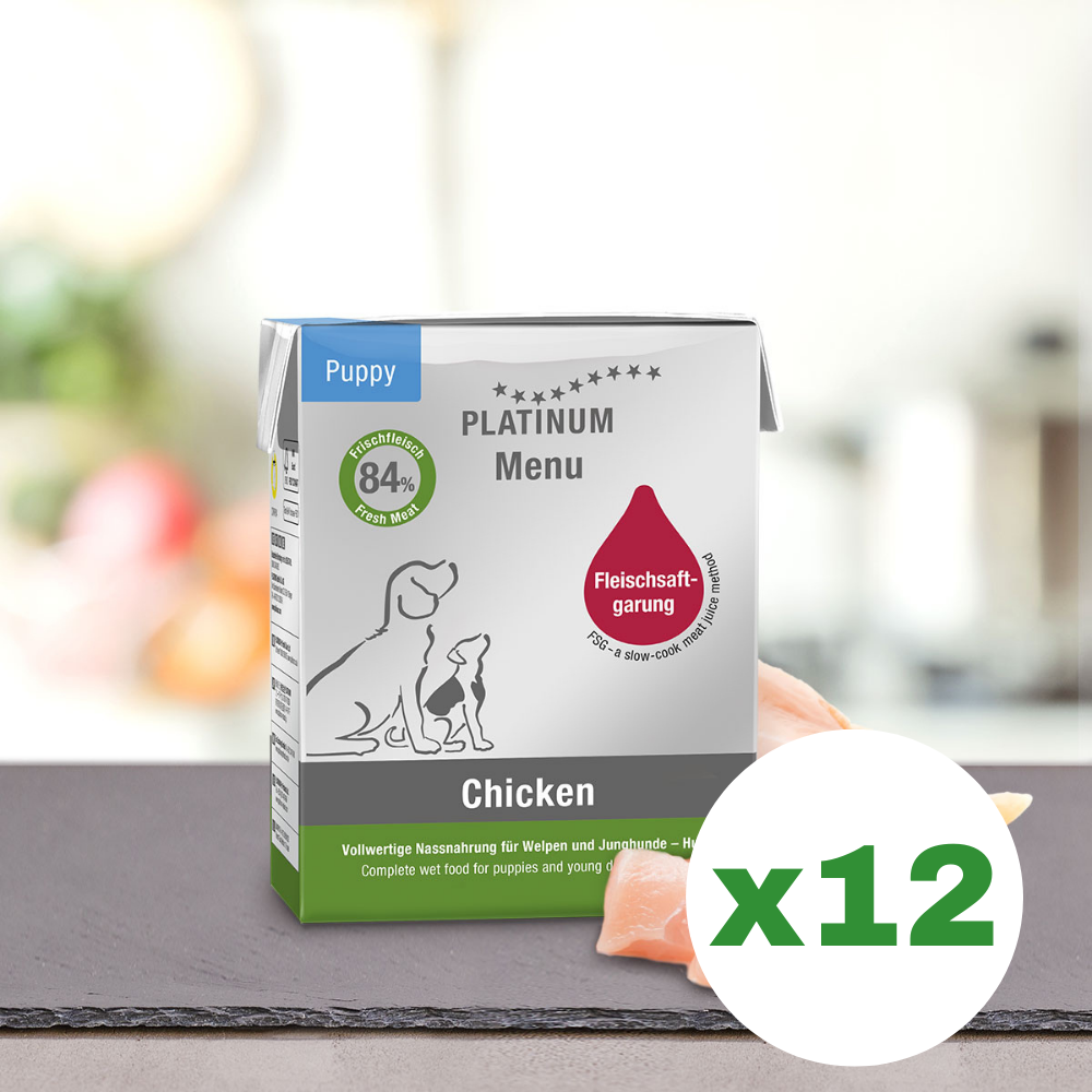 PLATINUM Menu Puppy, cu Pui, Bax Hrana Umeda Pentru Caini Juniori 12x375g