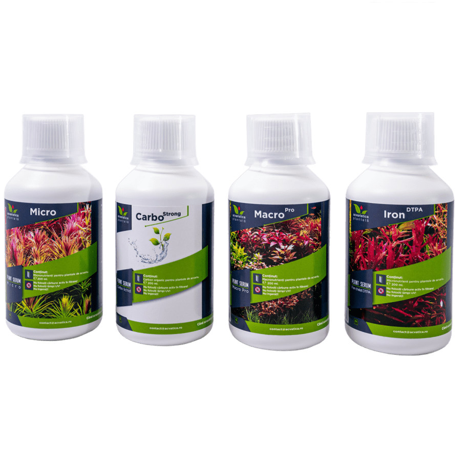 Micro-Macro Pro Fier-Carbo PLANT SERUM, Pachet Complet Fertilizanti Pentru Plante de Acvariu, 4x200ml