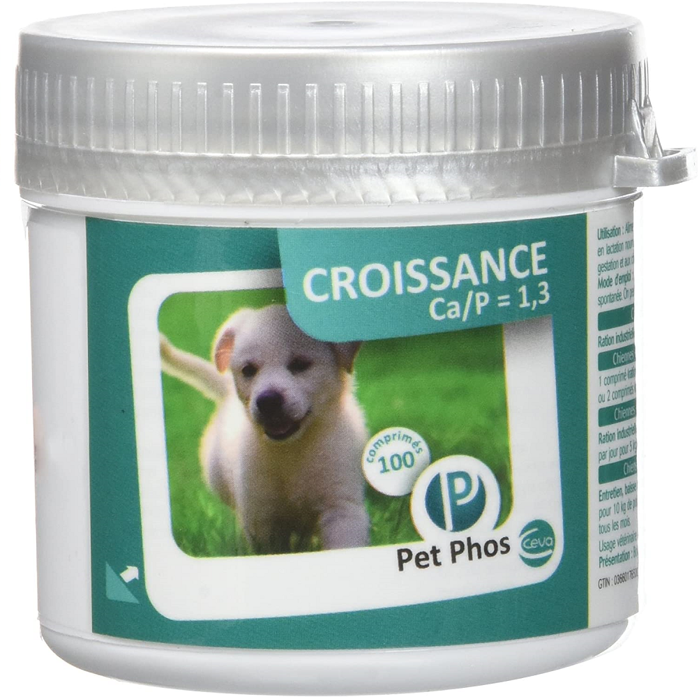 PET PHOS Croissance Ca/P=1.3, Supliment Vitamino-Mineral Caini Talie Mica | Medie, 100 Tablete