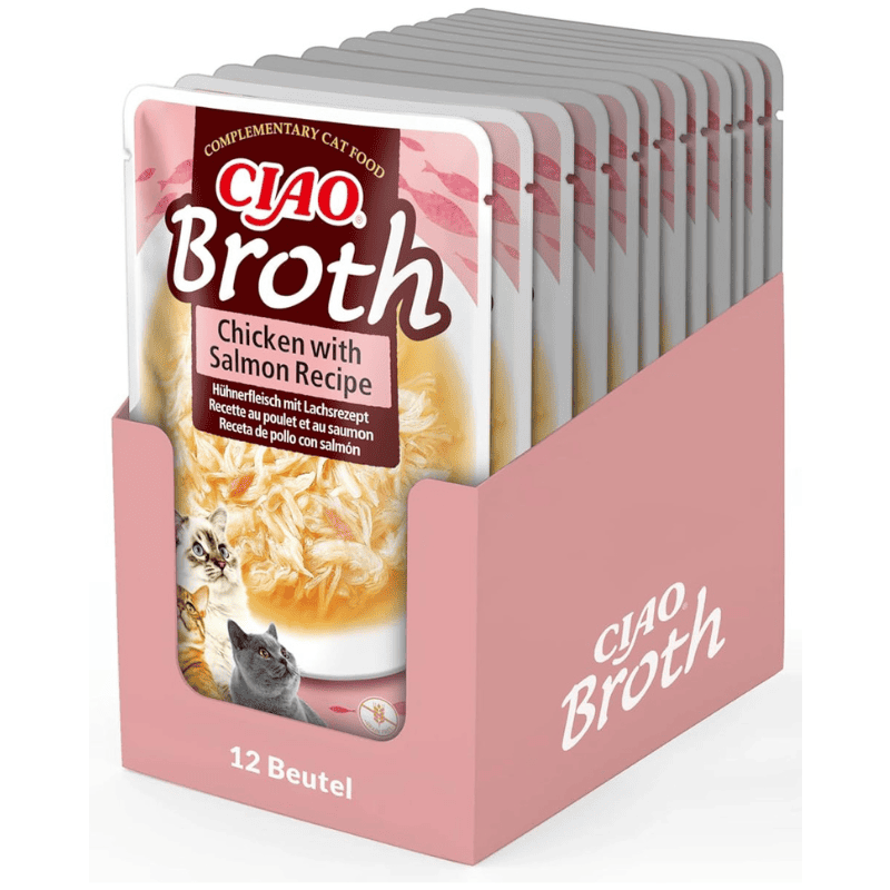 CIAO CHURU Broth Cat Food Supa Delicata de Pui cu Fulgi de Somon bOX 12X40 g | Hrana Complementara Umeda pentru Pisici | Umiditate Ridicata, Fara Cereale, Topping Palatabil