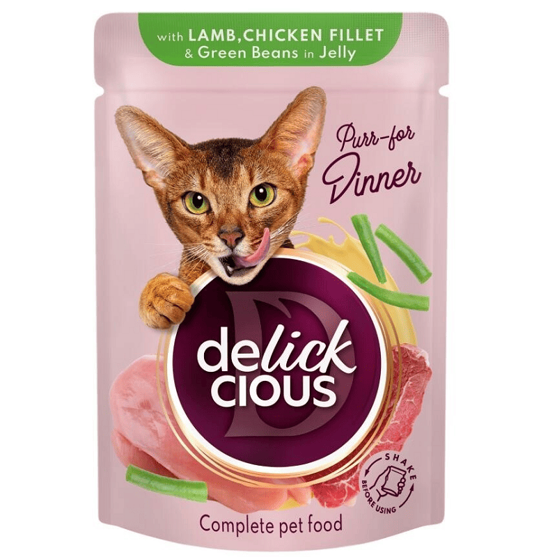 DELICKCIOUS Cat Bucăți cu Miel, Pui și Fasole Verde în Aspic 85 g | Hrană Umedă Completa pentru Pisici Adulte
