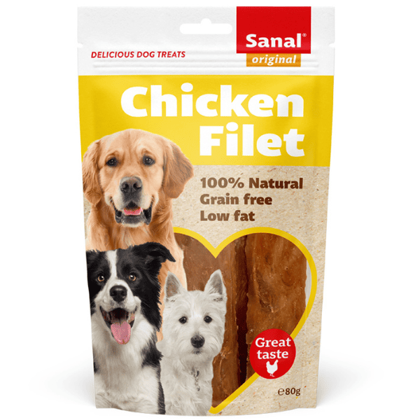 SANAL Dog Chicken Fillet Doypack 80 g | Recompensa Naturala fara Cereale pentru Caini Adulti, cu File de Pui | Low Fat, Punga Resigilabila