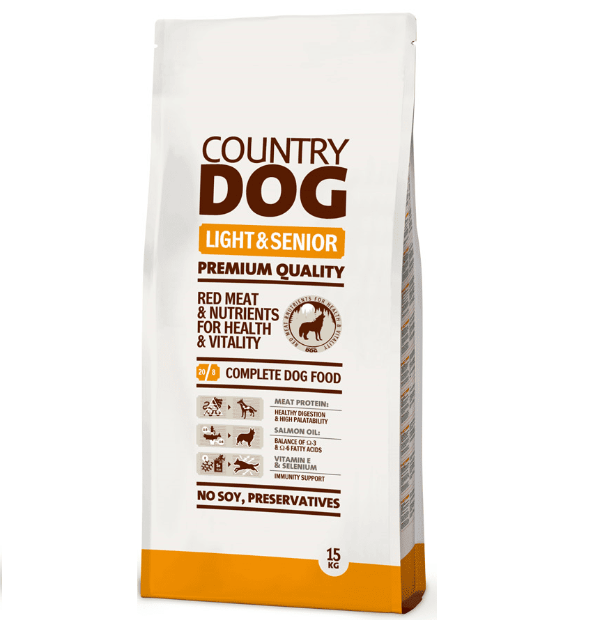 COUNTRY DOG Light & Senior 15 kg | Hrana Uscata Completa si Echilibrata pentru Caini Supraponderali sau Seniori | Cu Carne Rosie, Ulei de Somon si Vitamina E | Control al Greutatii, Vitalitate si Blana Stralucitoare