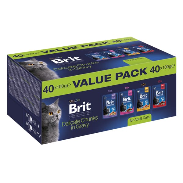 BRIT PREMIUM by Nature Cat Value Pack Adult 40x100 g | Plicuri Hrana Umeda Completa pentru Pisici Adulte (bucati cu carne in sos), 4 Sortimente
