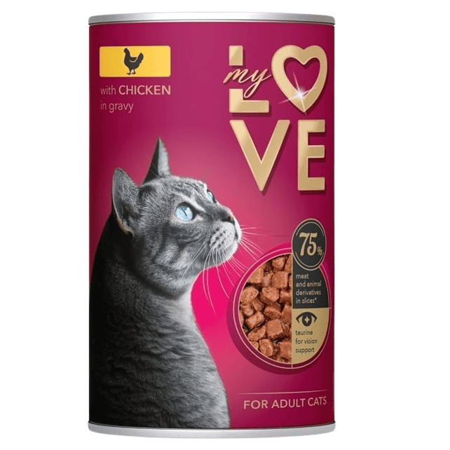 MY LOVE CAT Hrană Umedă pentru Pisici Adulte cu Pui, 415 g | Bucățele în Sos