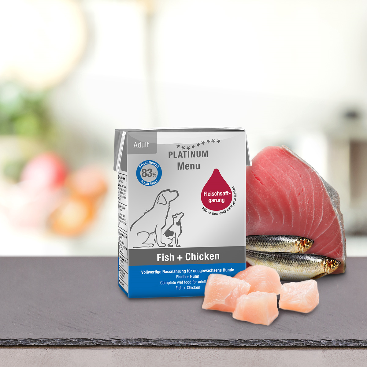 PLATINUM Menu Adult, Pui si Peste, Hrana Umeda Pentru Caini 185g