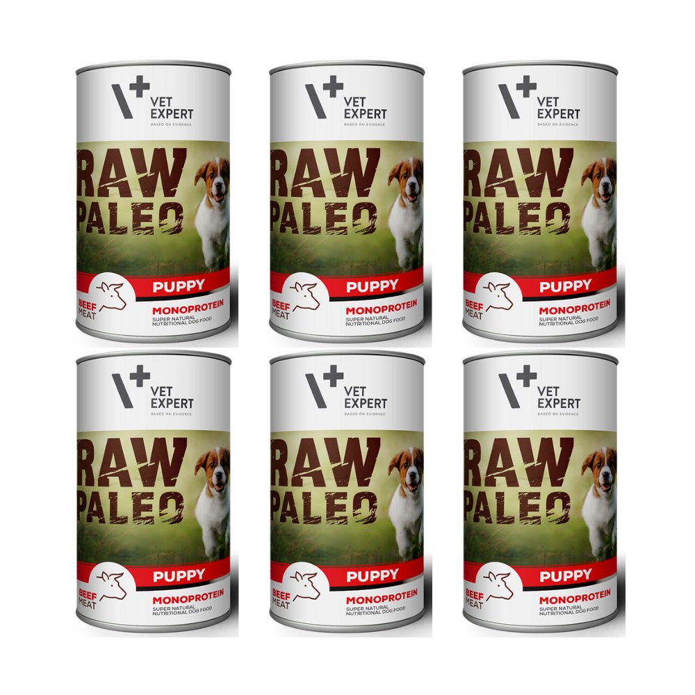 RAW PALEO Puppy, Vita, Set Conserve Hrana Umeda Monoproteica, Fara Cereale, Pentru Caini Juniori, 6x400g