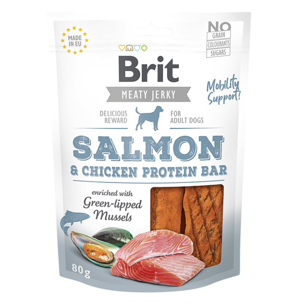 BRIT Jerky Salmon Protein Bar 80 g – Recompense Naturale Fara Cereale pentru Caini, cu Somon, Bogate in Omega 3 si Proteine