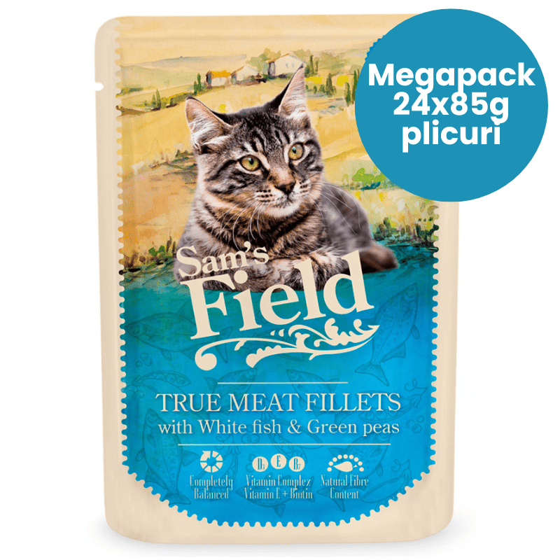 SAM'S FIELD Cat Pouch White Fish & Peas Megapack 24x85 g | Hrana Umeda Superpremium pentru Pisici Adulte | Fileuri de Peste Alb si Mazare | Reteta Naturala Bogata in Proteine