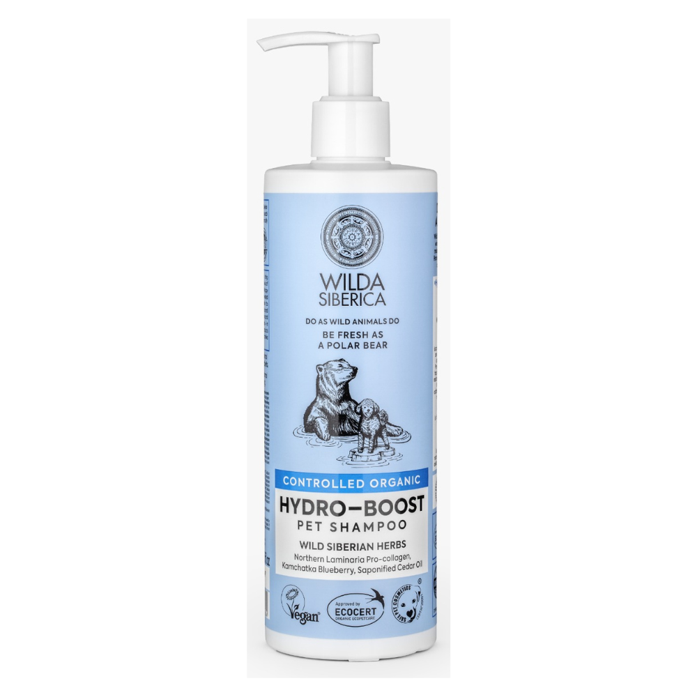 WILDA SIBERICA Hydro Boost, Șampon Vegan Hidratant, cu Laminaria și Afine,  pentru Câini și Pisici cu Blana Uscata, Deshidratata , 400ml