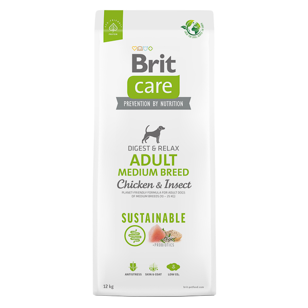 BRIT CARE Sustainable Adult Medium Breed, cu Pui și Insecte, Hrană Uscata Sustenabila pentru Câini Adulți de Talie Medie, Fara Gluten, 12kg
