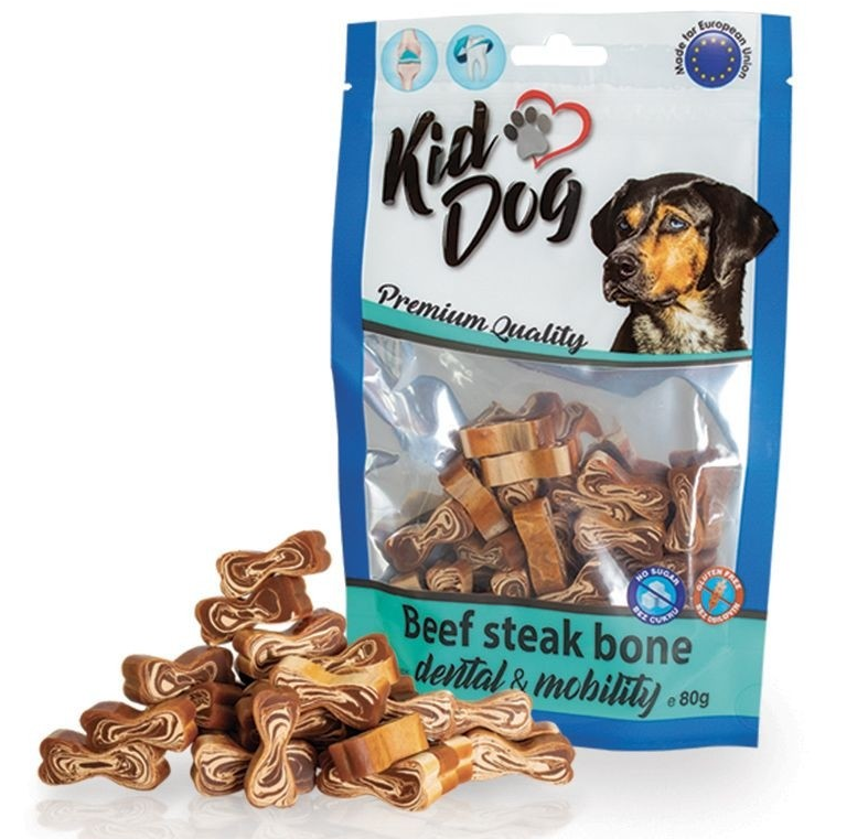 KIDDOG Beef Steak Bone – Recompense Oscioare cu Vită pentru Câini, Fără Gluten, cu Glucozamină și Condroitină, 80g