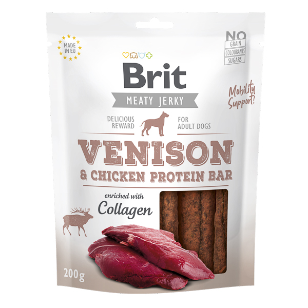 BRIT Jerky Venison Protein Bar 200 g – Recompense Naturale Fara Cereale pentru Caini, cu Carne de Vanat, Gust Autentic si Proteine de Calitate
