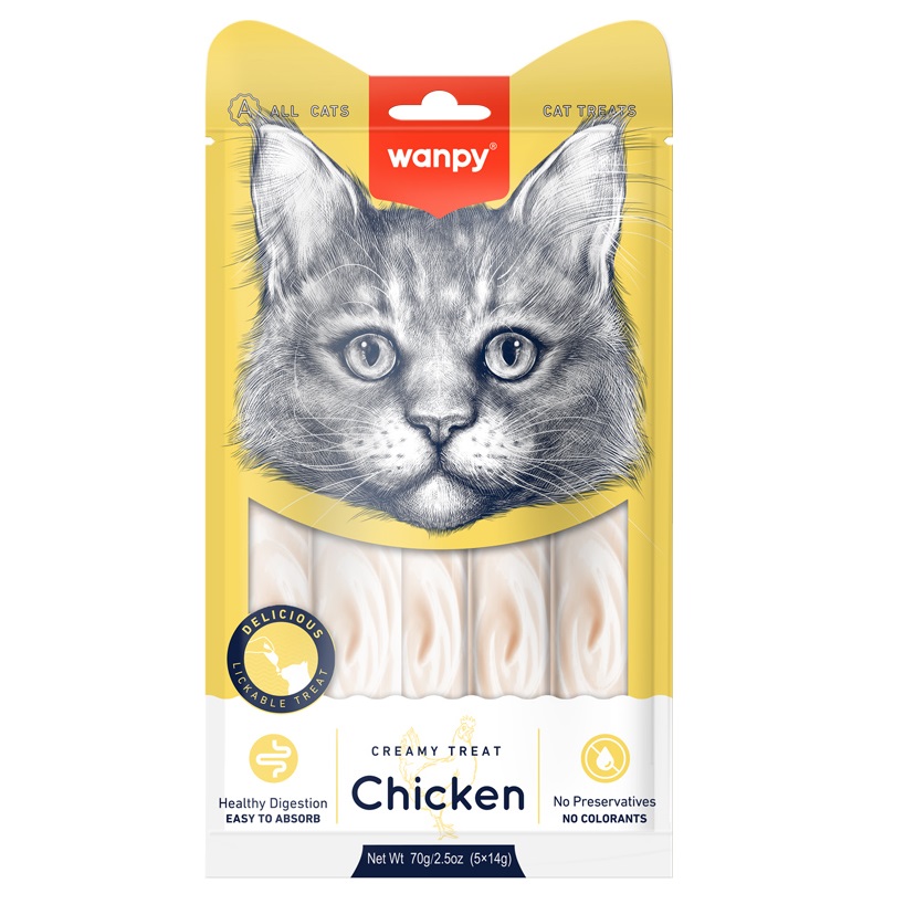 WANPY Creamy Lickable Cat Treats cu Pui, plicuri 5x14 g – Recompensa Cremoasa Superpremium pentru Pisici, Fara Coloranti sau Conservanti