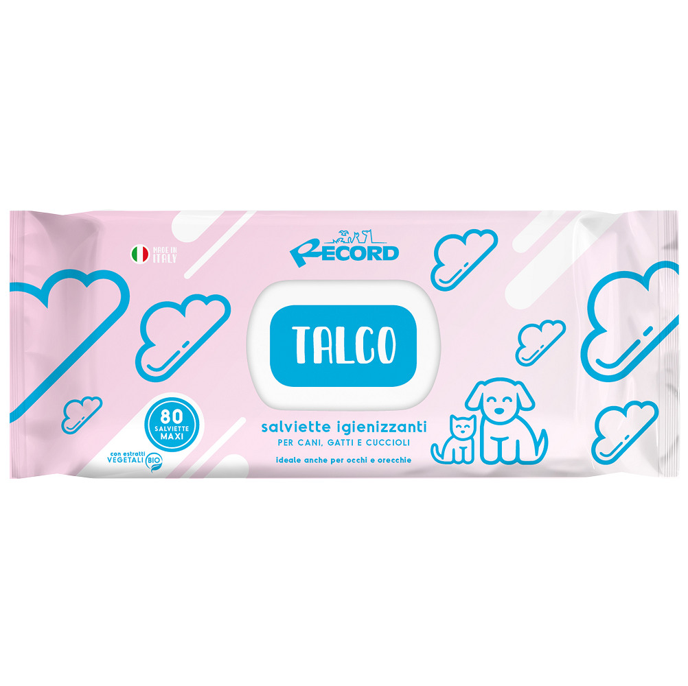 RECORD Servetele Umede Antibacteriene, cu Extracte Organice Vegetale, Aroma Talc, Pentru Caini si Pisici, 80Buc