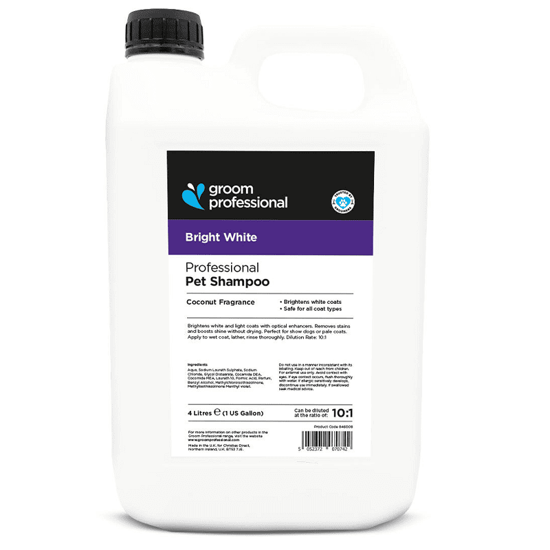 GROOM PROFESSIONAL Bright White 4 L | Sampon Profesional Concentrat (dilutie 10:1) pentru Câini | Efect de Intensificare a Culorii Albe, fără Înălbitori