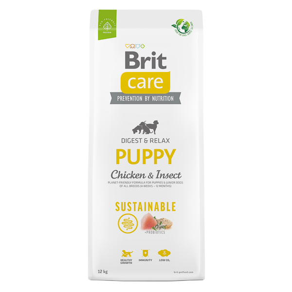BRIT CARE Sustainable Puppy, cu Pui și Insecte, Hrană Uscată Sustenabilă pentru Catei Juniori, Sistem Digestiv Sănătos, 12kg