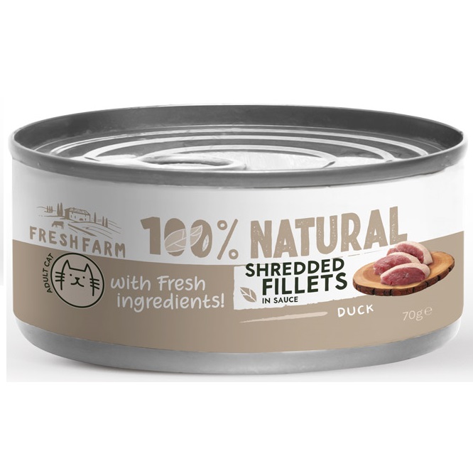 FRESH FARM Shredded Fillets, Rata si Pui in sos, 70 g – Hrana Umeda Fara Cereale pentru Pisici, Fileuri Maruntite in Sos