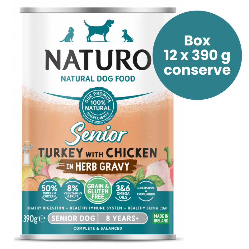 NATURO Senior Dog Grain & Gluten Free cu Curcan si Pui in Sos cu Ierburi Box 12x390 g | Hrana Umeda Completa fara Cereale 100% Naturala pentru Caini Varstnici 7+