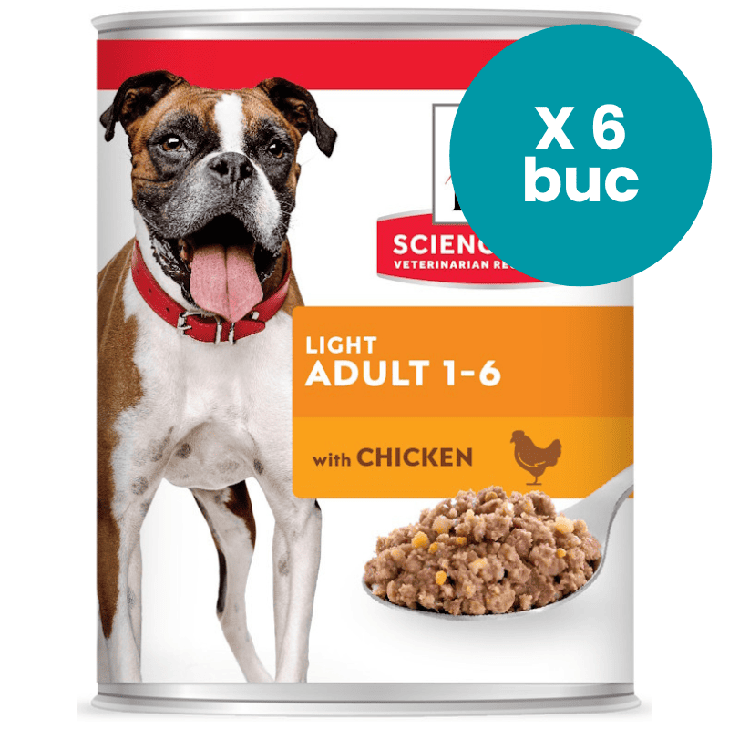 HILL'S Science Plan Light Adult, cu Pui, Multipack 6x370g – Hrană Umedă pentru Câini Adulți, cu Aport Caloric Limitat și L-Carnitină pentru Controlul Greutății