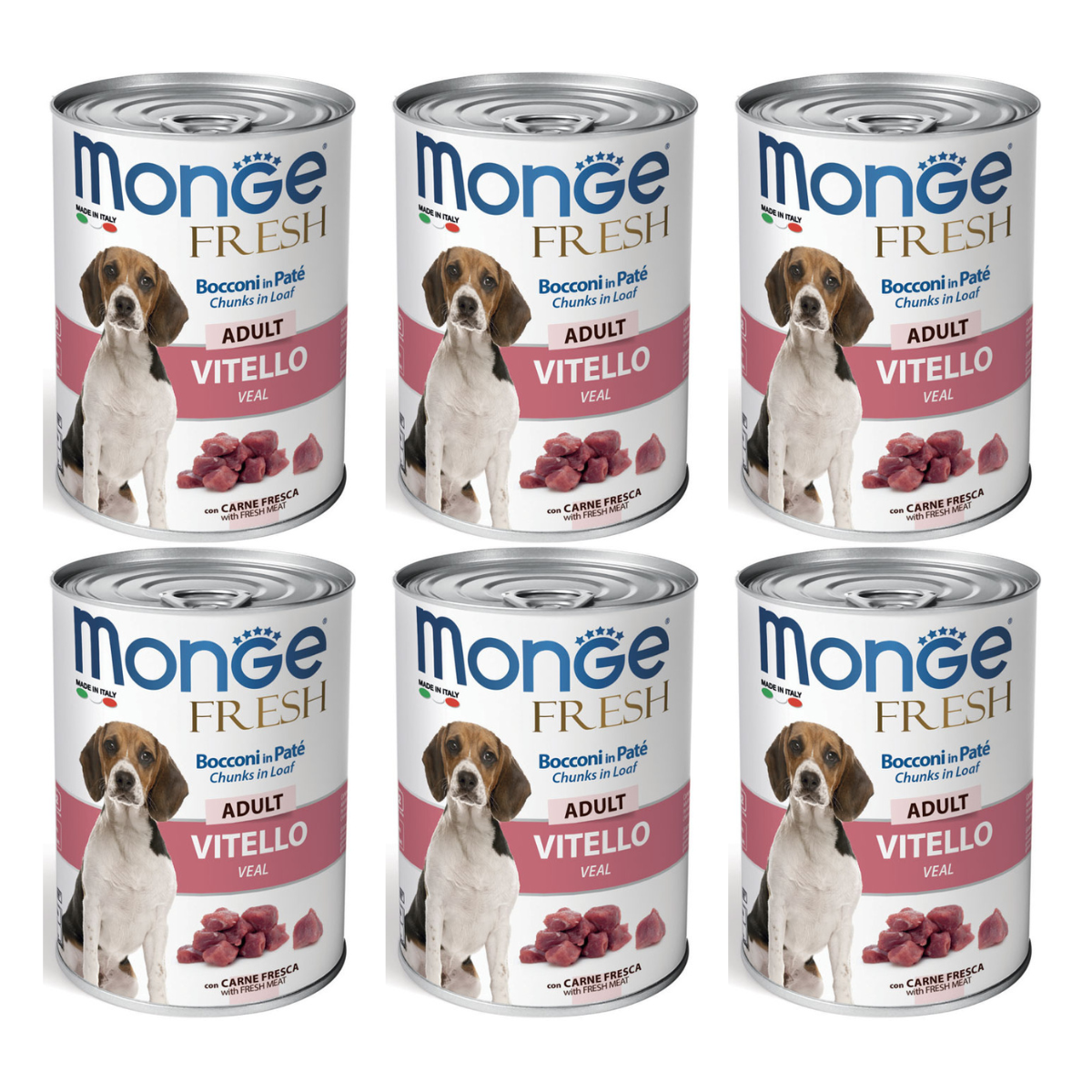 MONGE Fresh, cu Vitel si Vegetale, Set Conserve Hrana Umeda Pentru Caini (pateu cu bucatele de carne), 6x400g