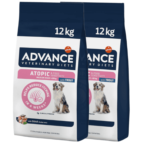 Pachet Economic 2 saci ADVANCE Veterinary Diets ATOPIC DERMA CARE Medium / Maxi, cu Pastrav, Hrana Uscata Caini cu Boli Dermatologice 12kg