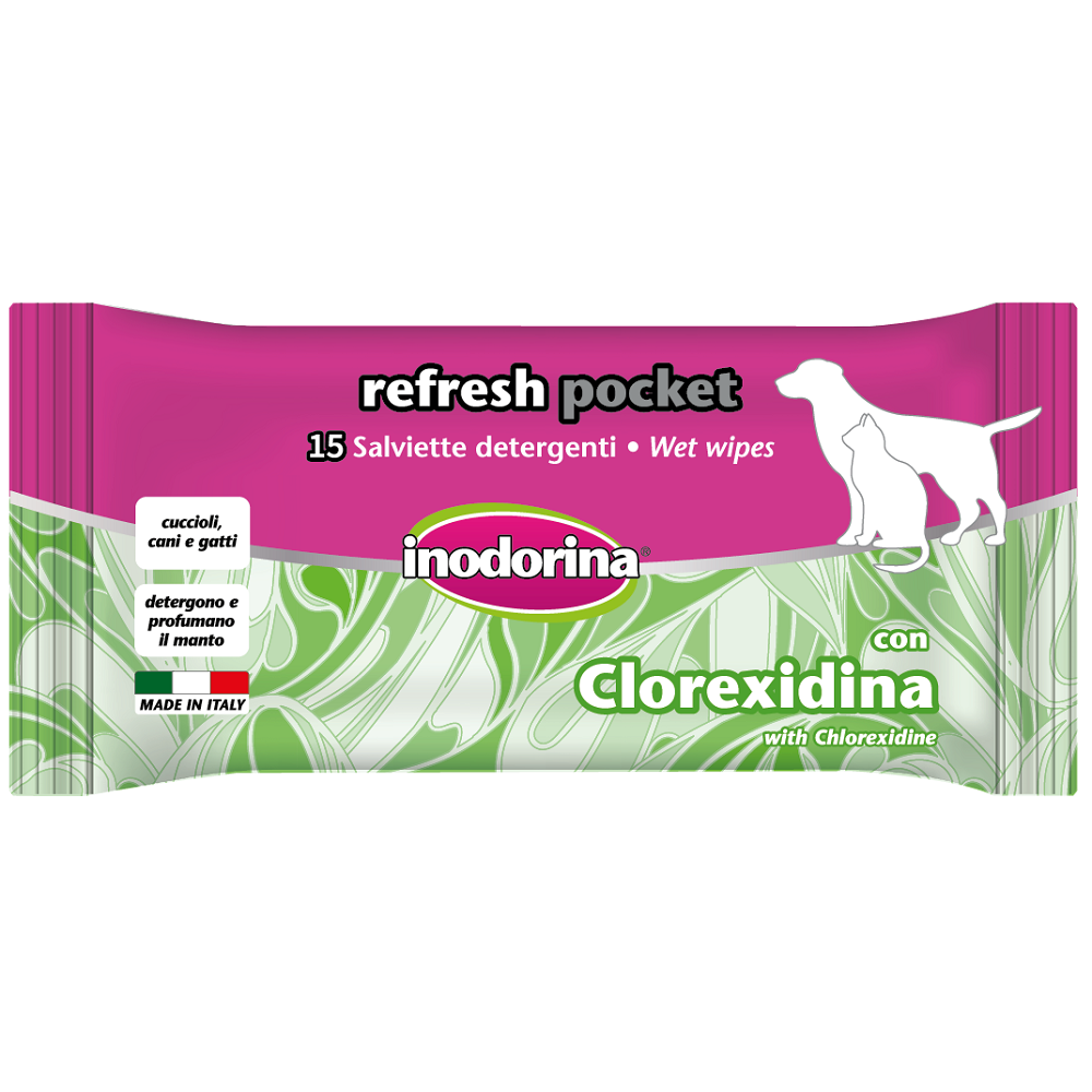 INODORINA Refresh, Servetele Umede Antibacteriene cu Clorhexidina, Pentru Caini si Pisici, 15buc