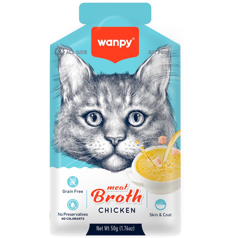 WANPY Meat Broth 50 g – Supă Fără Cereale cu Pui pentru Pisici, cu Taurină și Ulei de Somon