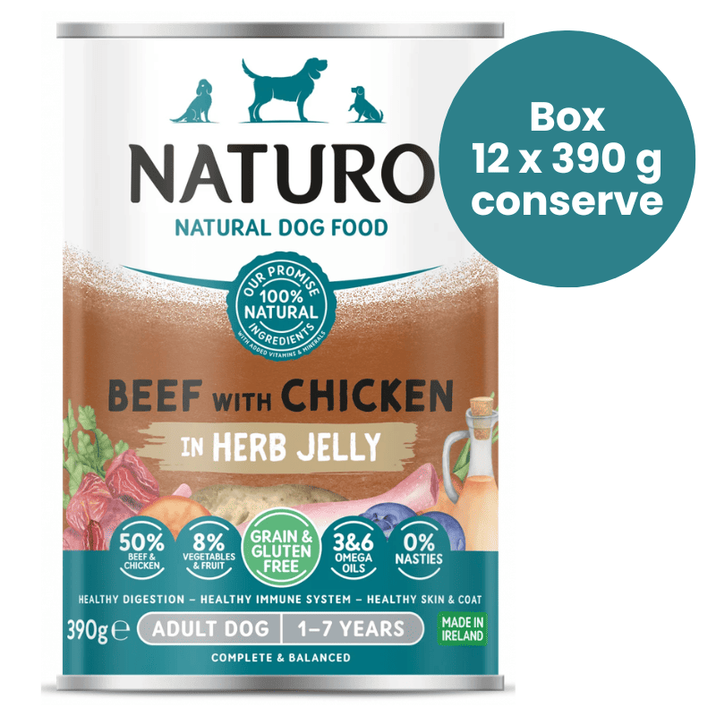 NATURO Adult Dog Grain & Gluten Free cu Vita si Pui in Aspic cu Ierburi Box 12x390 g | Hrana Umeda Completa fara Cereale 100% Naturala pentru Caini Adulti