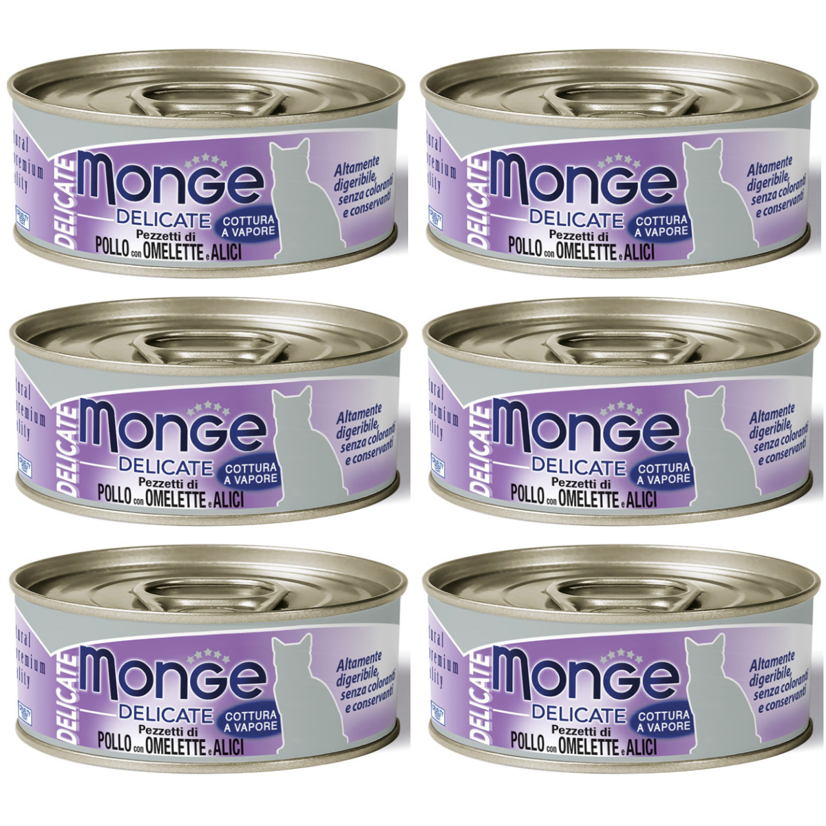 MONGE Delicate Cat, cu Pui, Omleta si Hamsii, Set Conserve Hrana Umeda Pentru Pisici, 6x80g