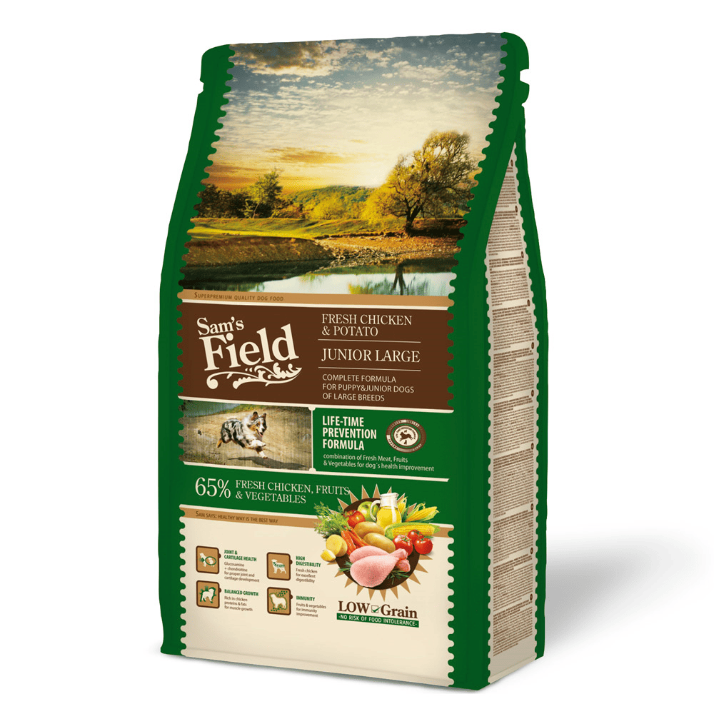 SAM'S FIELD Fresh Chicken & Potato Junior Large 2.5 kg | Hrana Uscata Super-Premium pentru Catei din Rase Mari | Formula Hipoalergenica cu Pui Proaspat, Cartofi, Fructe si Legume | Crestere Echilibrata si Suport Articular