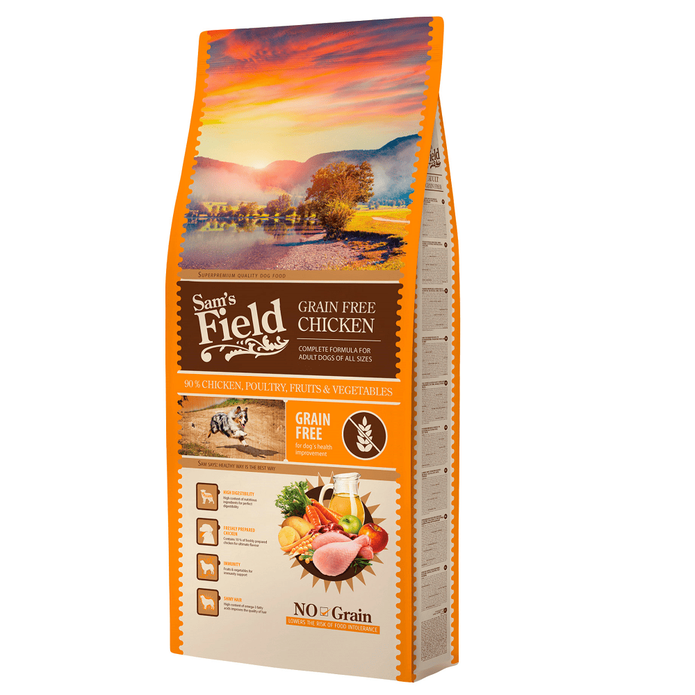 SAM'S FIELD Adult Grain-Free Chicken 13 kg | Hrana Uscata Super-Premium pentru Caini Adulti | Fara Cereale | Cu Pui Proaspat, Fructe si Legume | Piele Sanatoasa, Blana Stralucitoare si Digestie Optima