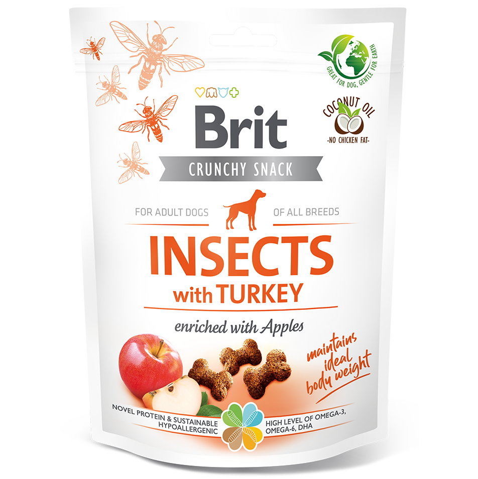 BRIT CARE Crunchy Snack, Insecte, Curcan si Mere, Recompense Hipoalergenice, Fara Cereale, Caini Supraponderali, Controlul Greutatii, 200g
