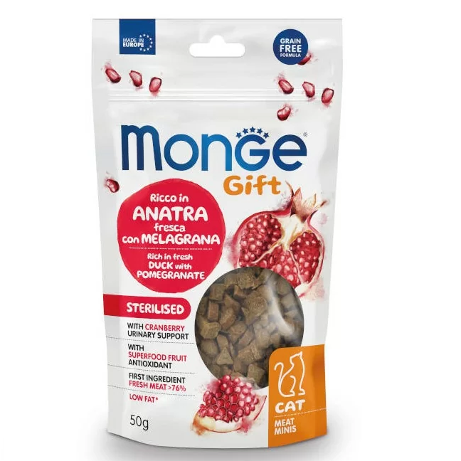 MONGE Gift Sterelised Cat, cu Rata si Rodie, Recompense Antistress Pentru Pisici Sterilizate, 50g