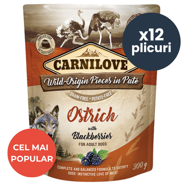 CARNILOVE Dog Pouch Pate Struț cu Mure Set 12x300 g – Hrană Umedă Fără Cereale pentru Câini, Proteine Exotice și Antioxidanți Naturali