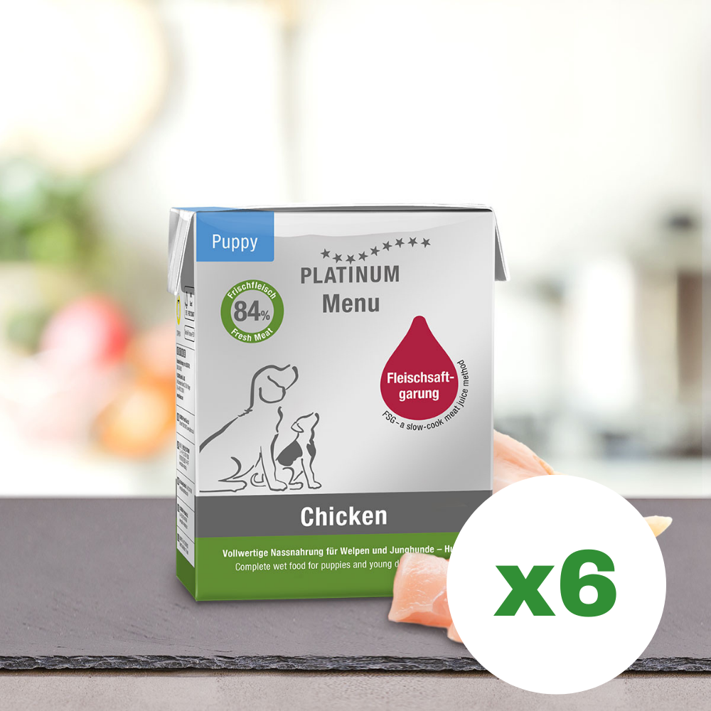 PLATINUM Menu Puppy, cu Pui, Bax Hrana Umeda Pentru Caini Juniori 6x375g