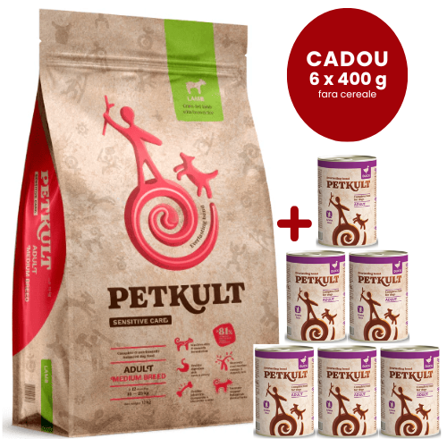 Promo PETKULT Sensitive Care Adult Medium Miel & Orez 12kg | Hrană Uscată pentru Câini Talie Medie, Digestie Sensibilă + 6 Conserve Petkult Grain Free 400 g CADOU