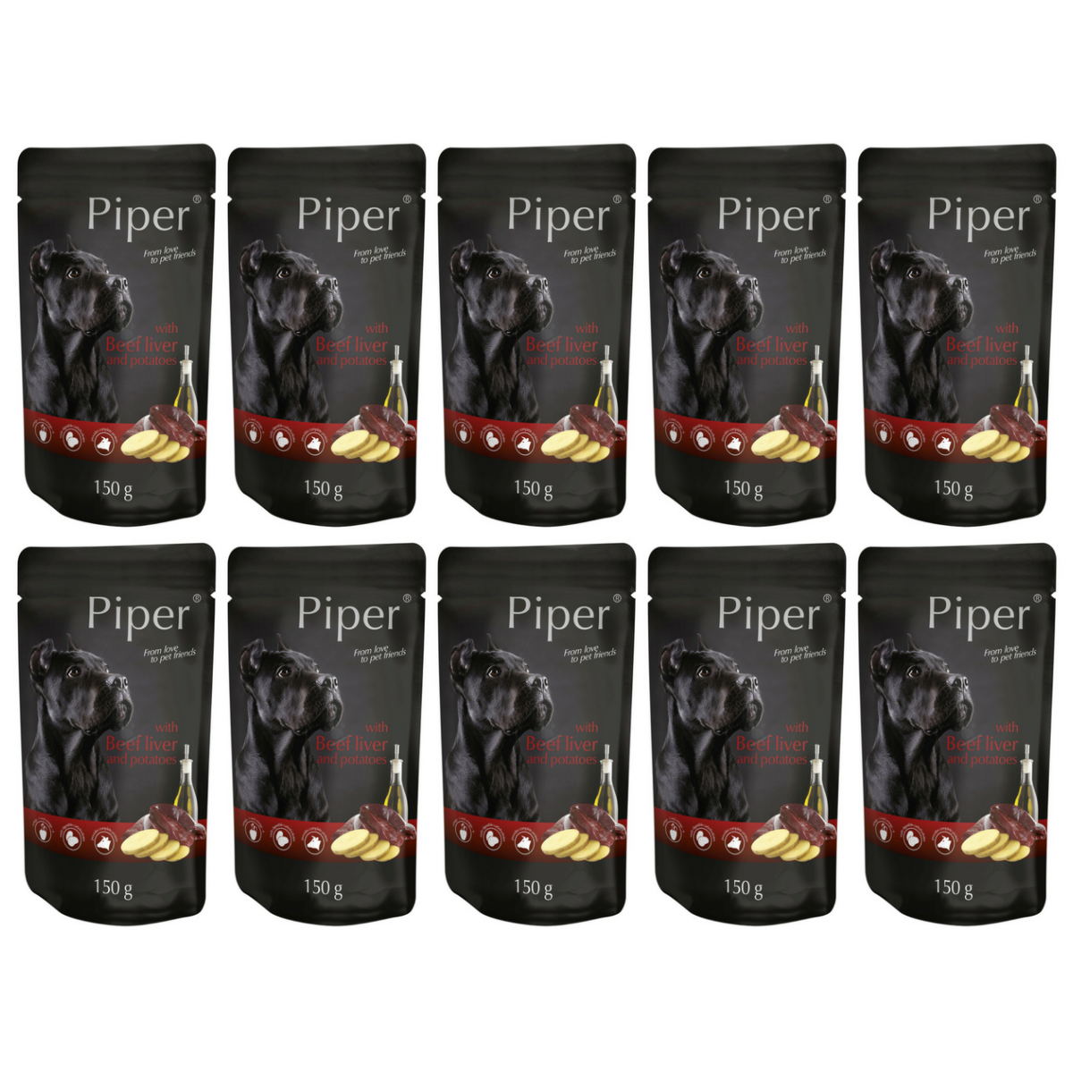 PIPER Dog Adult, cu Ficat de Vita si Cartofi, Set Plicuri Hrana Umeda Pentru Caini 10x150g