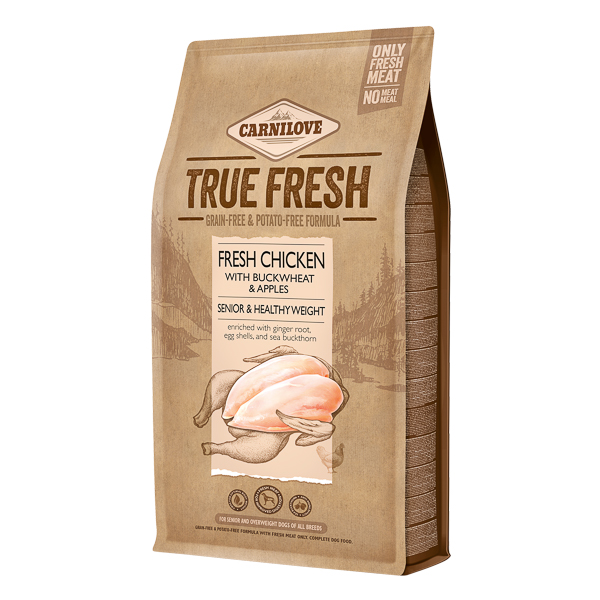 CARNILOVE True Fresh Senior & Healty Weight cu Pui și Fibre Naturale, 4 kg – Hrană Uscată fără Cereale pentru Câini Seniori sau Supraponderali, Controlul Greutății și Vitalitate