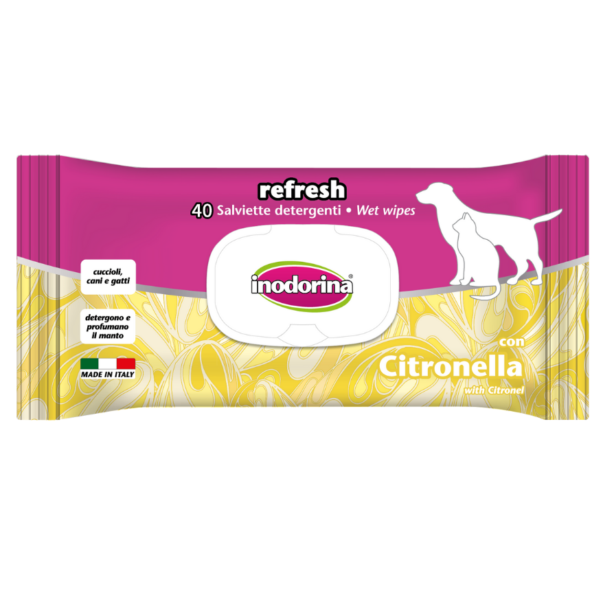 INODORINA Refresh, Servetele Umede Pentru Caini si Pisici, Parfum de Lamaie, 40buc