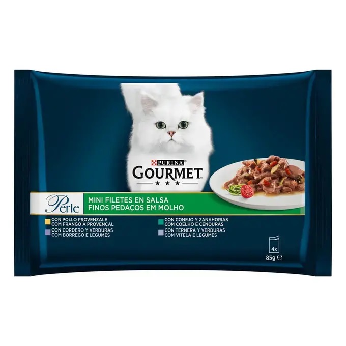 PURINA Gourmet Perle, cu Vitel | Iepure si Legume | Miel si Legume | Pui, Multipack Plicuri Hrana Umeda Pentru Pisici Adulte, 4x85g