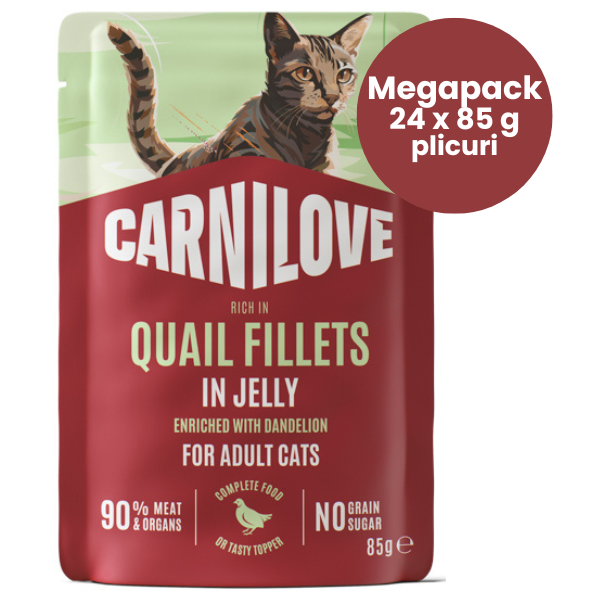 Carnilove Cat cu Prepeliță și Păpădie in Aspic Megapack 24x85 g | Hrană Umedă Completă Fără Cereale pentru Pisici Adulte